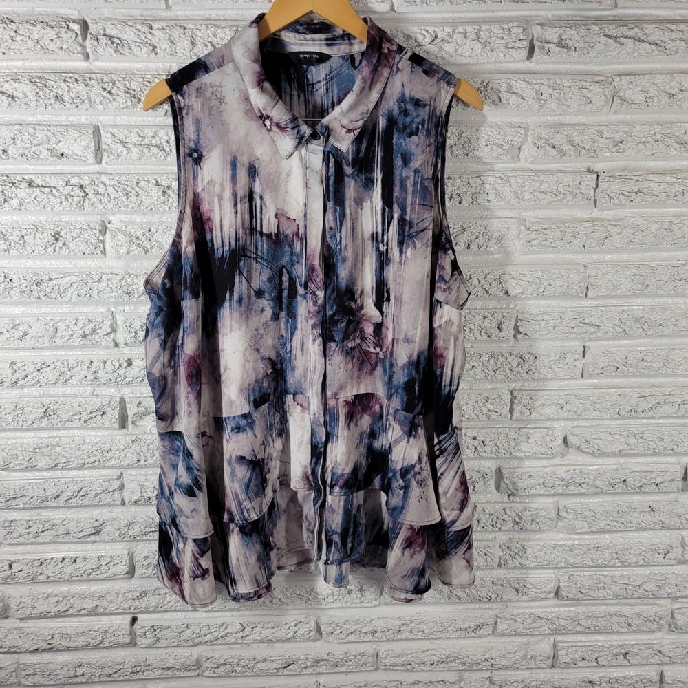 Simply Vera Wang 2X Blue Purple Watercolor Asymmetric Collared Sleeveless WAT50E